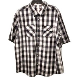 Plaid Shirt Short Sleeve Button Up Casual Work Black Gray Size Mens